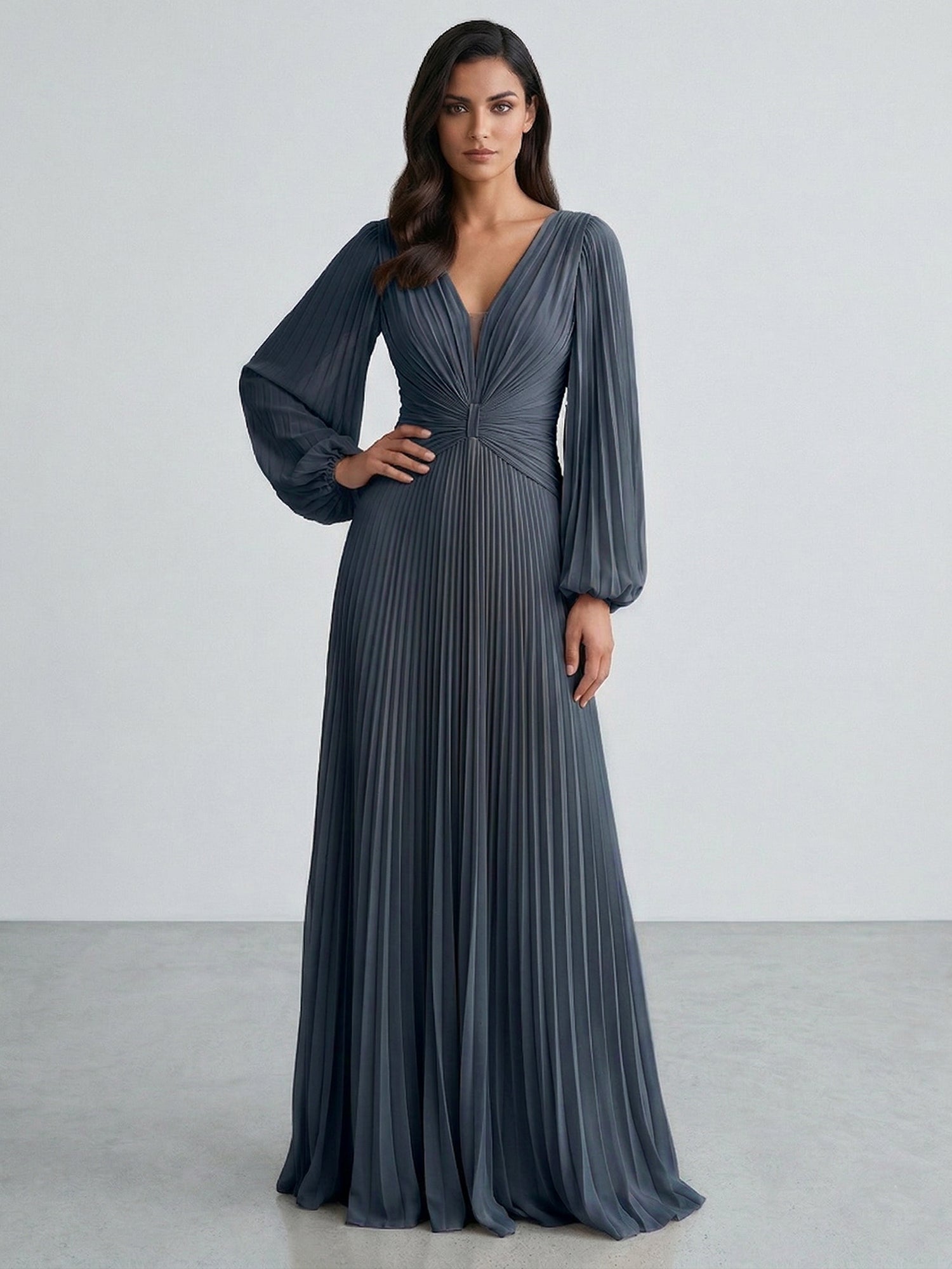 Slate Blue Plunging V-Neck Pleated Long Sleeve Maxi Dress Gown