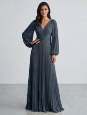 Slate Blue Plunging V-Neck Pleated Long Sleeve Maxi Dress Gown