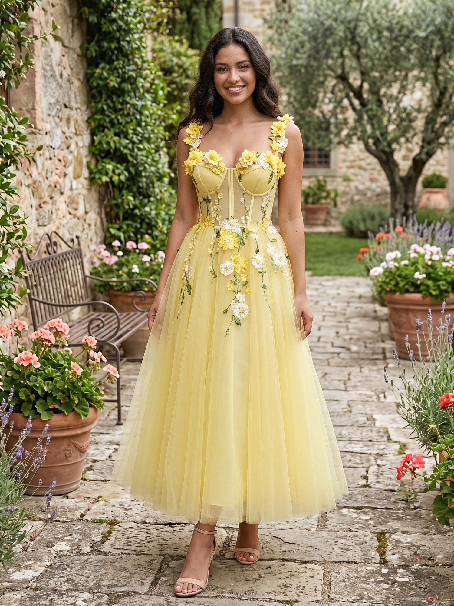 Whimsical Sunshine Yellow 3D Floral Corset Midi Dress