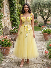 Whimsical Sunshine Yellow 3D Floral Corset Midi Dress
