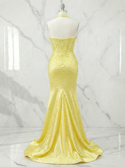 Glamorous Yellow Pearl Beaded Corset Prom Dress with Slit