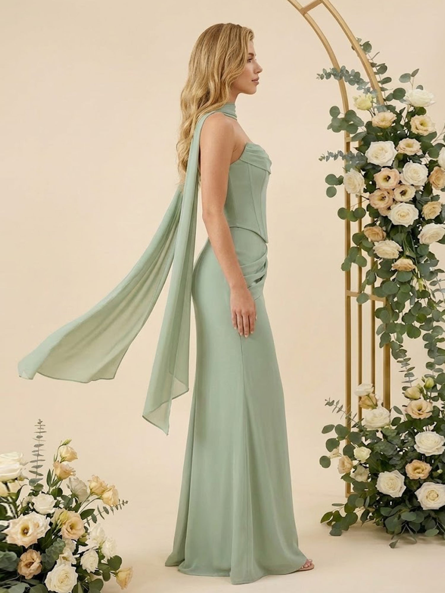 Strapless Mermaid Satin Long Bridesmaid Dresses with Scarf