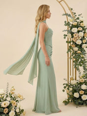 Strapless Mermaid Satin Long Bridesmaid Dresses with Scarf