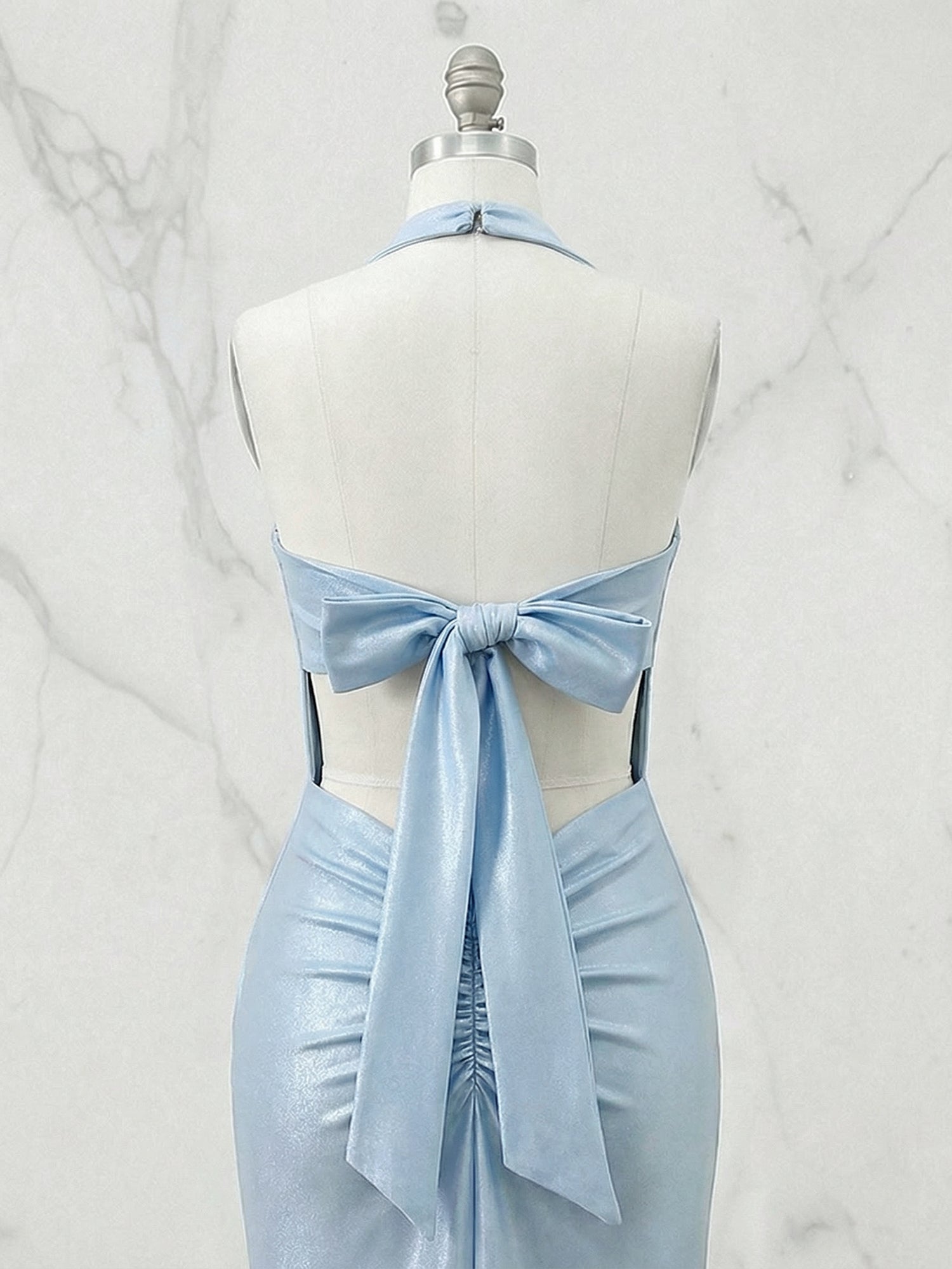 Light Blue Mermaid Halter Backless Long Prom Dresses