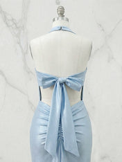 Light Blue Mermaid Halter Backless Long Prom Dresses