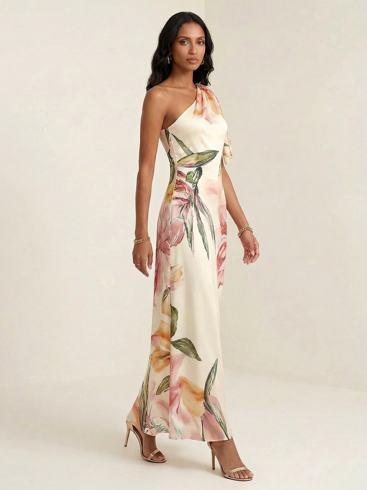 Ivory Floral Print One Shoulder Satin Maxi Dress with Bow Ruffle