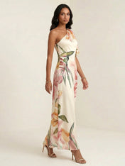 Ivory Floral Print One Shoulder Satin Maxi Dress with Bow Ruffle