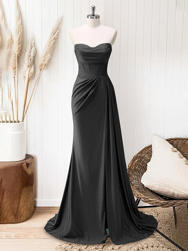 Glitter Royal Blue Strapless Mermaid Long Prom Dress with Slit