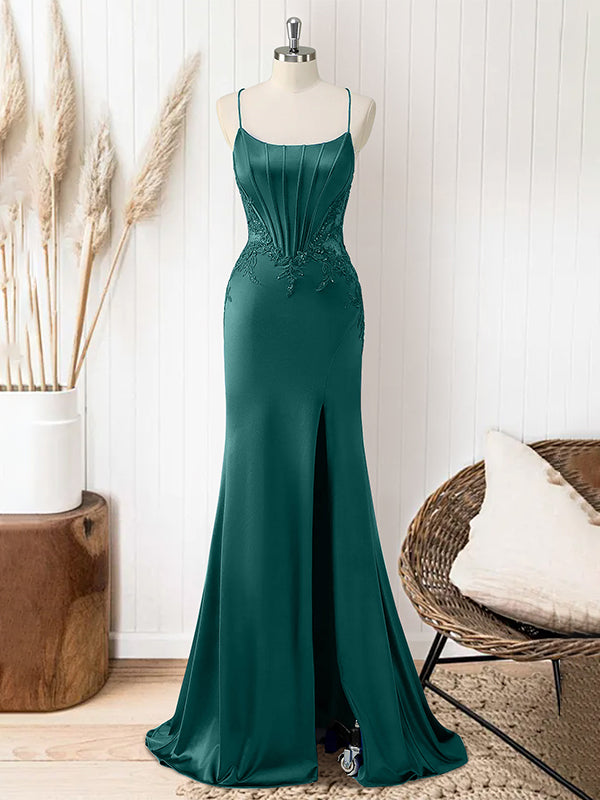 Red Mermaid Corset Spaghetti Straps Long Prom Dress with Appliques