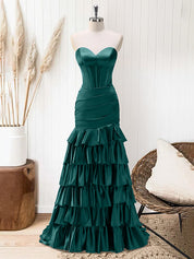 Green Mermaid Strapless Corset Tiered Long Prom Dress
