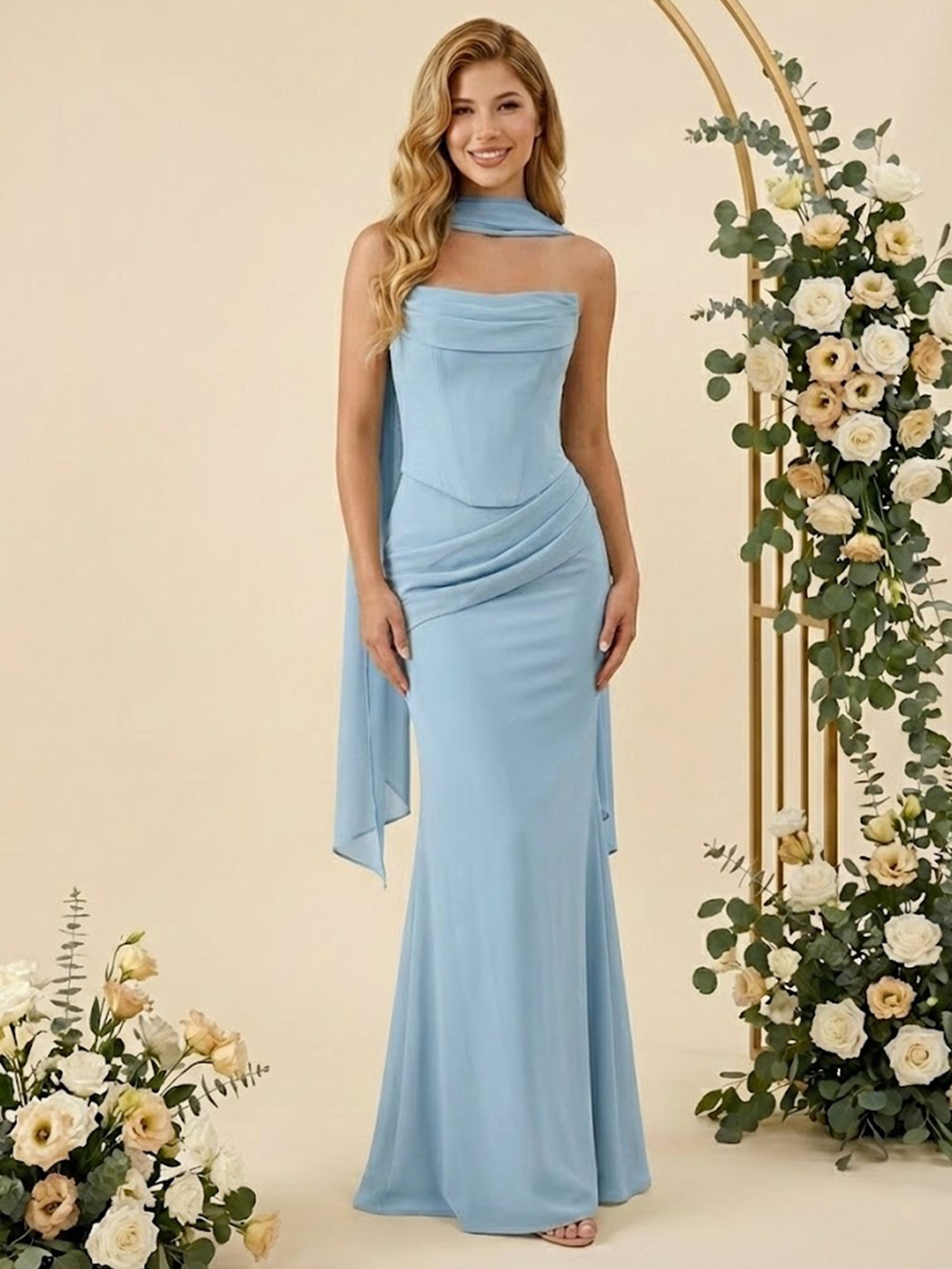 Strapless Mermaid Satin Long Bridesmaid Dresses with Scarf