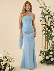 Strapless Mermaid Satin Long Bridesmaid Dresses with Scarf