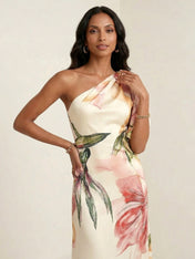Ivory Floral Print One Shoulder Satin Maxi Dress with Bow Ruffle