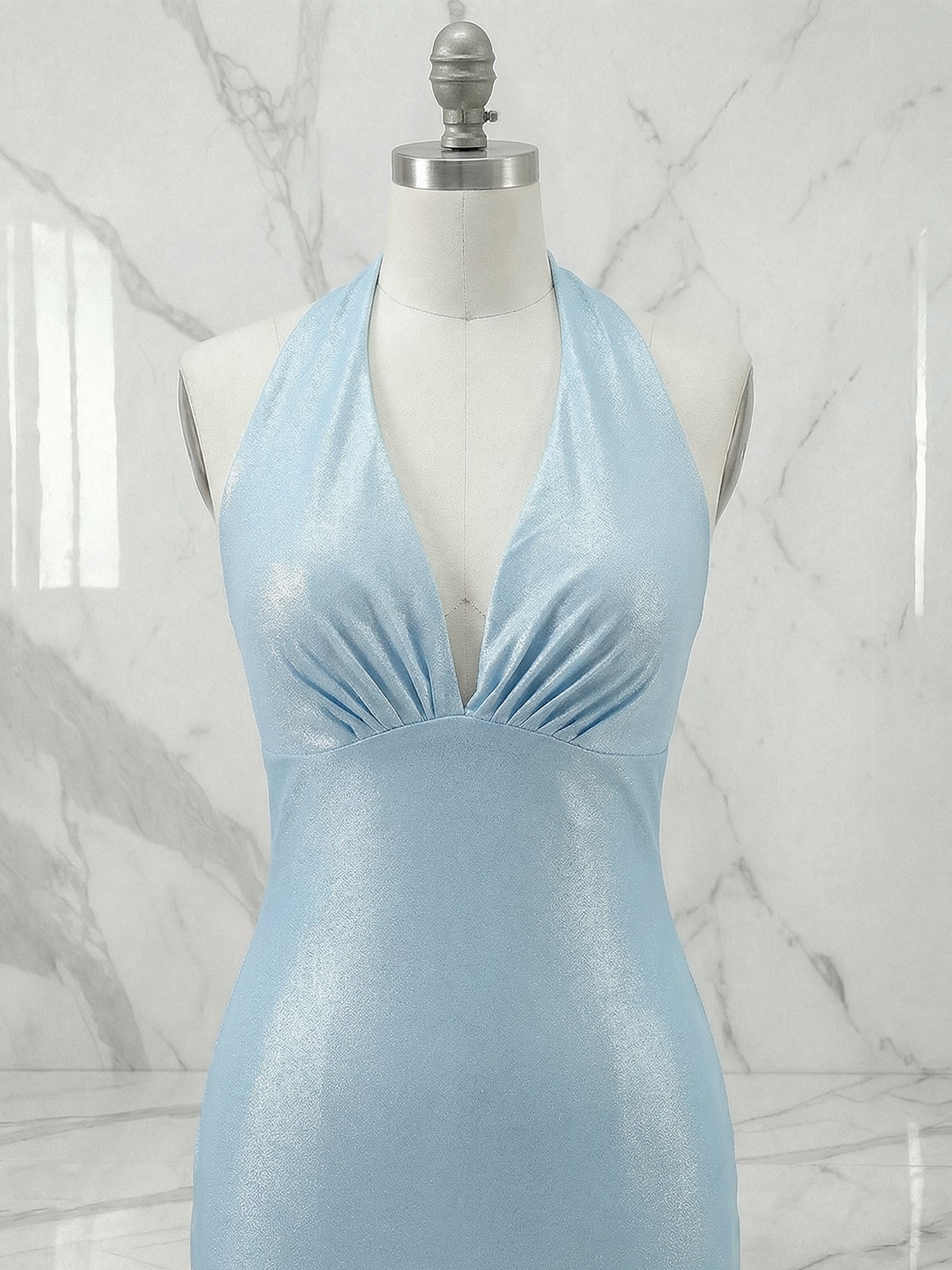 Light Blue Mermaid Halter Backless Long Prom Dresses