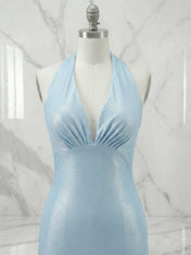 Light Blue Mermaid Halter Backless Long Prom Dresses