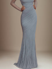 Evening Prom Gown Off Shoulder Glitter Pleated Light Blue Maxi Dress