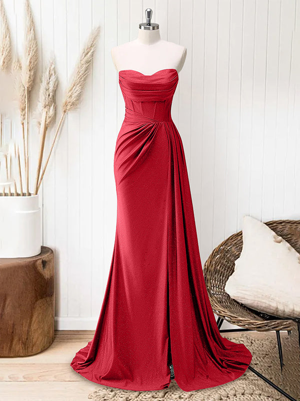 Glitter Royal Blue Strapless Mermaid Long Prom Dress with Slit