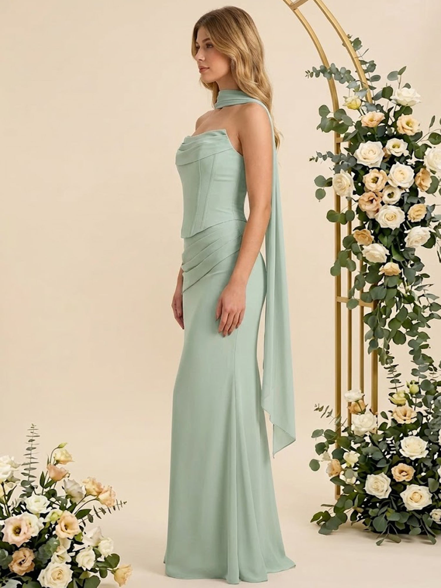Strapless Mermaid Satin Long Bridesmaid Dresses with Scarf