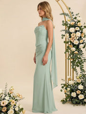 Strapless Mermaid Satin Long Bridesmaid Dresses with Scarf