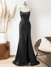 Red Mermaid Corset Spaghetti Straps Long Prom Dress with Appliques