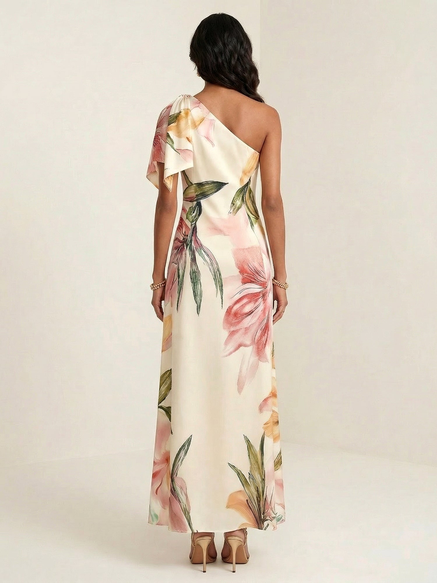 Ivory Floral Print One Shoulder Satin Maxi Dress with Bow Ruffle