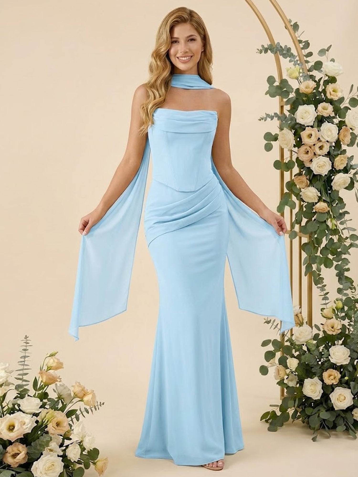 Strapless Mermaid Satin Long Bridesmaid Dresses with Scarf