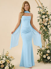 Strapless Mermaid Satin Long Bridesmaid Dresses with Scarf