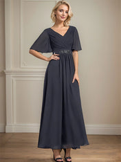 A-line V-Neck Ankle-Length Chiffon Mother of the Bride Dress With Pleated Beading Sequins