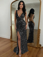 Gold Sequin V-Neck Open Back Mermaid Prom Dress with High Slit