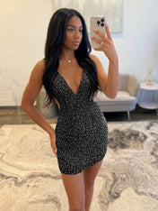 White V Neck Pearl Embellished Short Homecoming Dresses