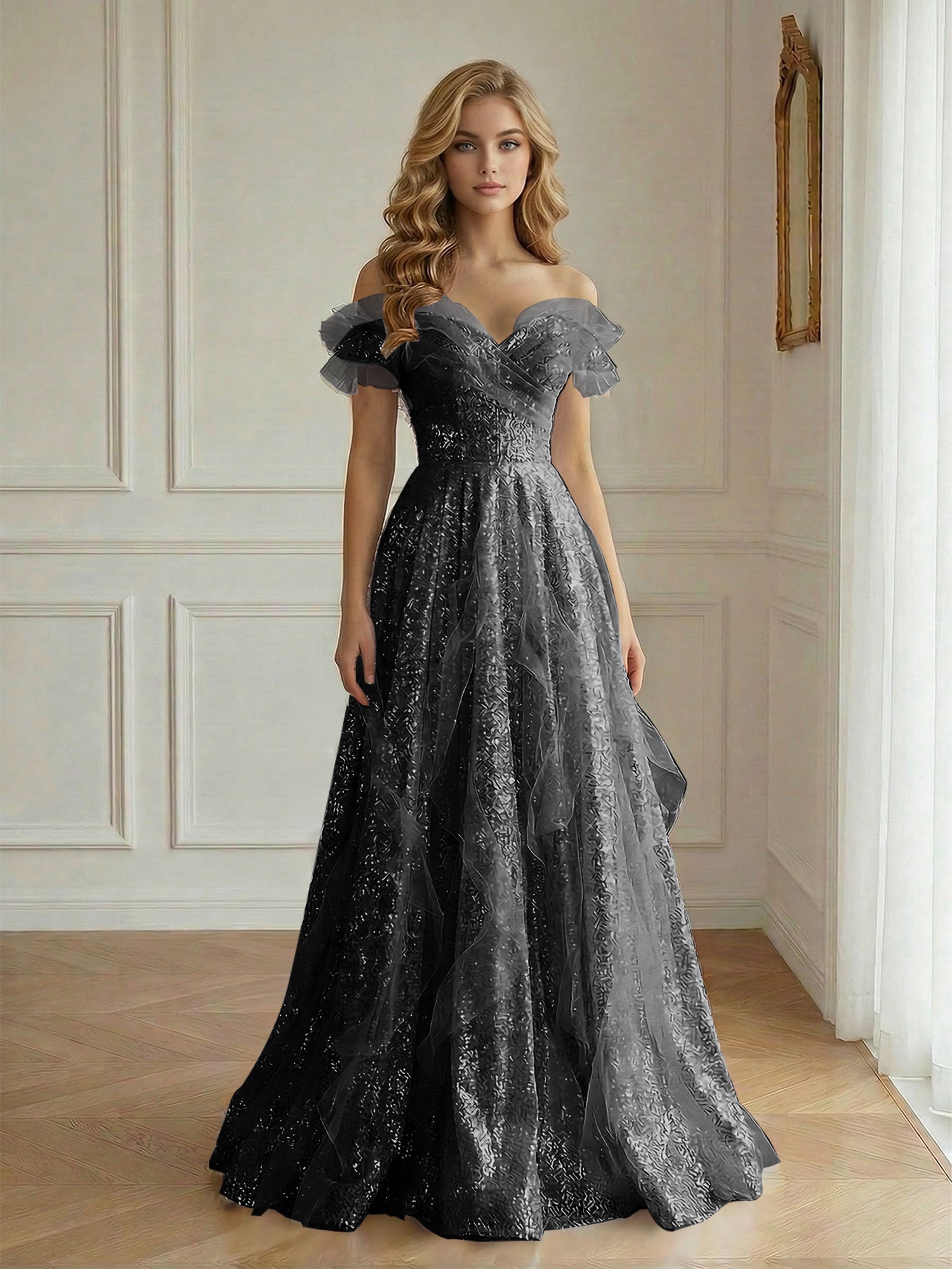 Off-the-Shoulder Sequin Tulle A-Line Gown with Ruffle Accents Prom Dress