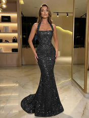 Gold Sequin Halter Mermaid Prom Dress with Ruched Waist
