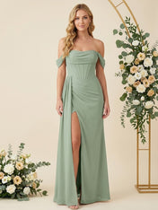 Off the Shoulder A Line Chiffon Pleat Long Bridesmaid Dresses with Slit