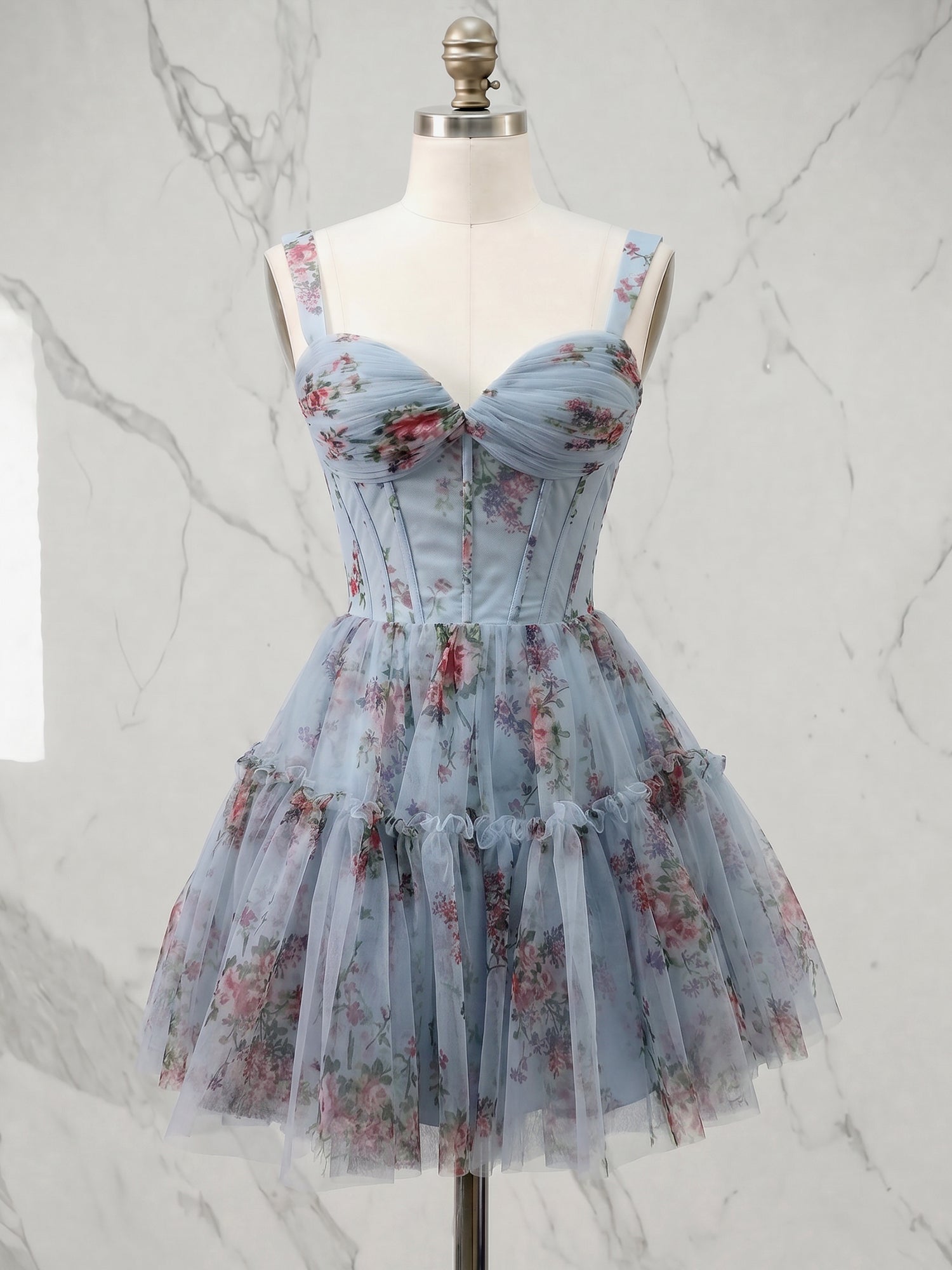 Powder Blue Floral Tiered Corset Short Homecoming Dress
