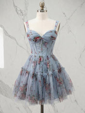 Powder Blue Floral Tiered Corset Short Homecoming Dress