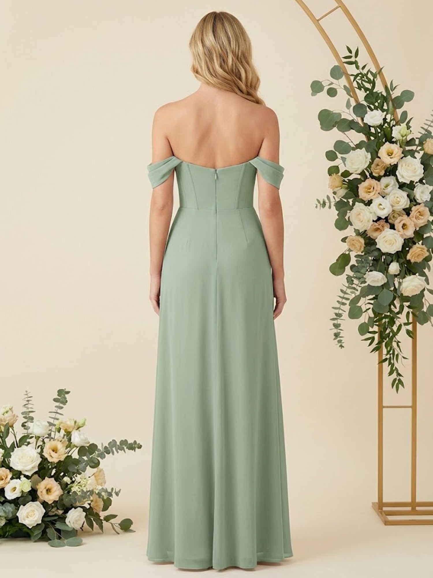 Off the Shoulder A Line Chiffon Pleat Long Bridesmaid Dresses with Slit