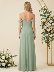 Off the Shoulder A Line Chiffon Pleat Long Bridesmaid Dresses with Slit