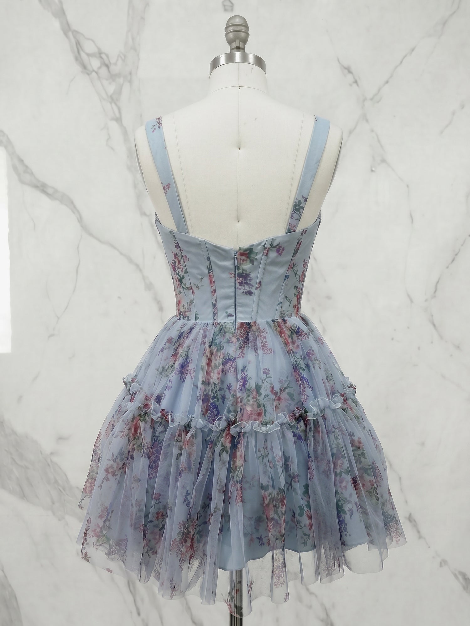 Powder Blue Floral Tiered Corset Short Homecoming Dress