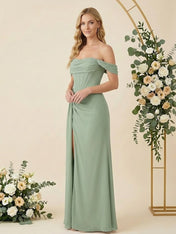 Off the Shoulder A Line Chiffon Pleat Long Bridesmaid Dresses with Slit