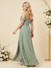 Off the Shoulder A Line Chiffon Pleat Long Bridesmaid Dresses with Slit