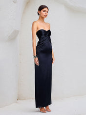 Navy Sheath/Column Sweetheart Neckline Sleeveless Satin Dress With Slit