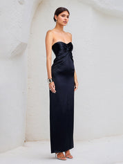 Navy Sheath/Column Sweetheart Neckline Sleeveless Satin Dress With Slit