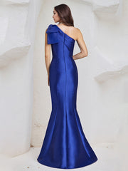 Trumpet/Mermaid One Shoulder Sleeveless Floor Length Satin Dress With Bow