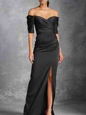 Sheath/Column Off-the-Shoulder Short Sleeves Floor-Length Mother of the Bride Dresses With Split Front