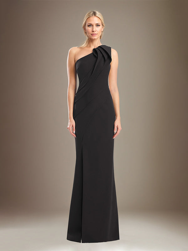Column One Shoulder Sleeveless Stretch Crepe Mother Of The Bride Dress With High Slit