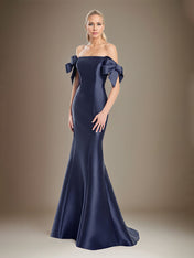 Trumpet/Mermaid Off The Shoulder Floor Length Satin Mother Of The Bride Dress With Bow Sleeves