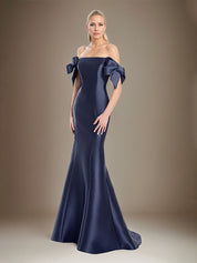 Trumpet/Mermaid Off The Shoulder Floor Length Satin Mother Of The Bride Dress With Bow Sleeves