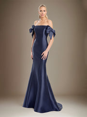 Trumpet/Mermaid Off The Shoulder Floor Length Satin Mother Of The Bride Dress With Bow Sleeves