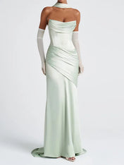 Elegant Mint Green Off-the-Shoulder Pleated Maxi Dress