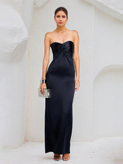 Navy Sheath/Column Sweetheart Neckline Sleeveless Satin Dress With Slit